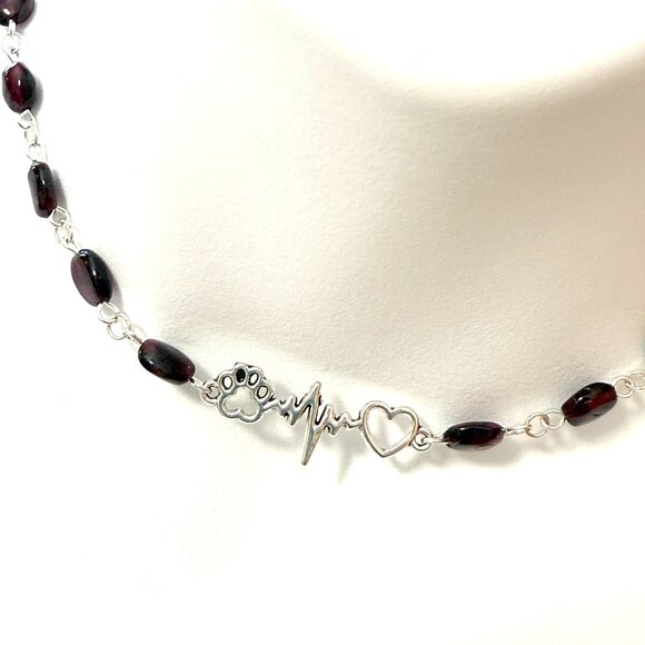 Genuine Garnet Short Necklace, Natural Gemstone w/ Paw Print Heart Beat Pendant - Picture 1 of 15